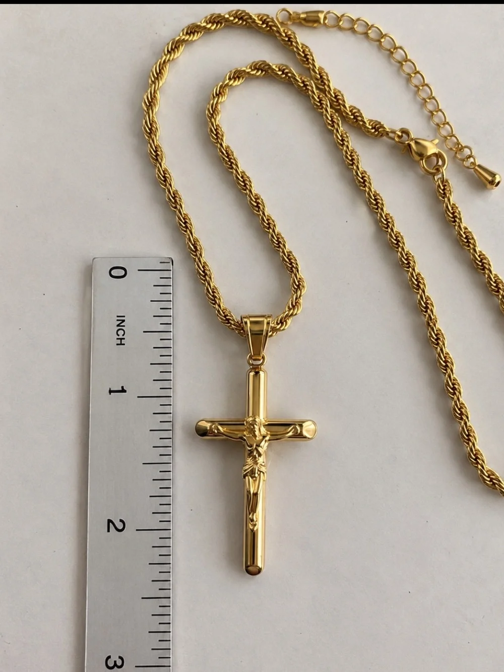 14K Gold Plated Crucifix Pendant Necklace 3mm Rope Chain 21in Jesus Cross Unisex